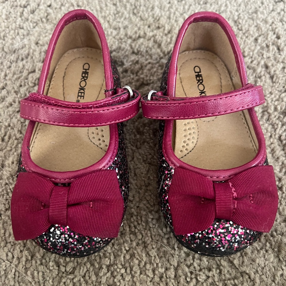 Cherokee Sparkly Maroon Bow Toddler Girl Dress Shoes Size 5